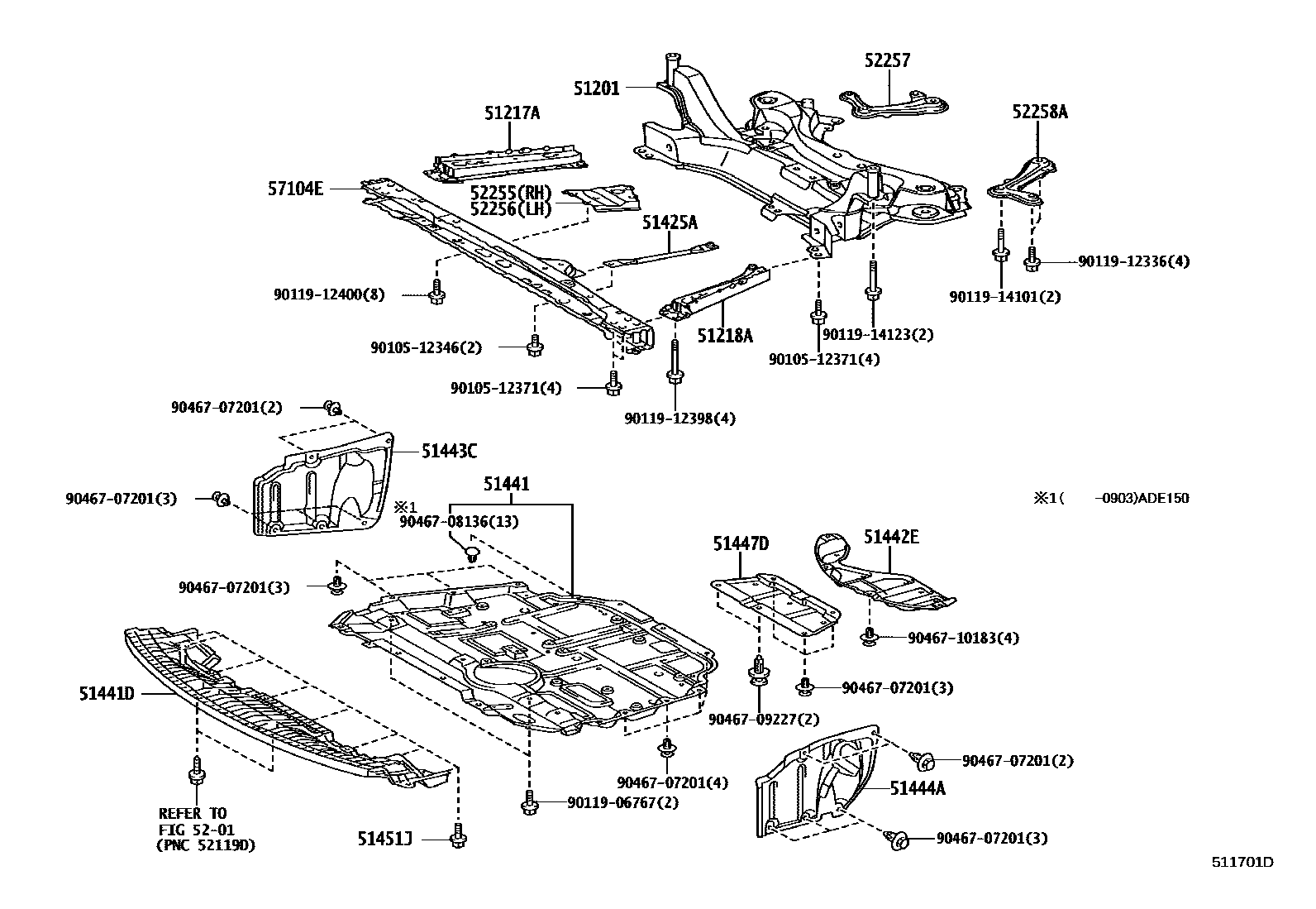 Toyota COROLLA 悬架横梁和发动机底罩 EPC diagram — 511701D