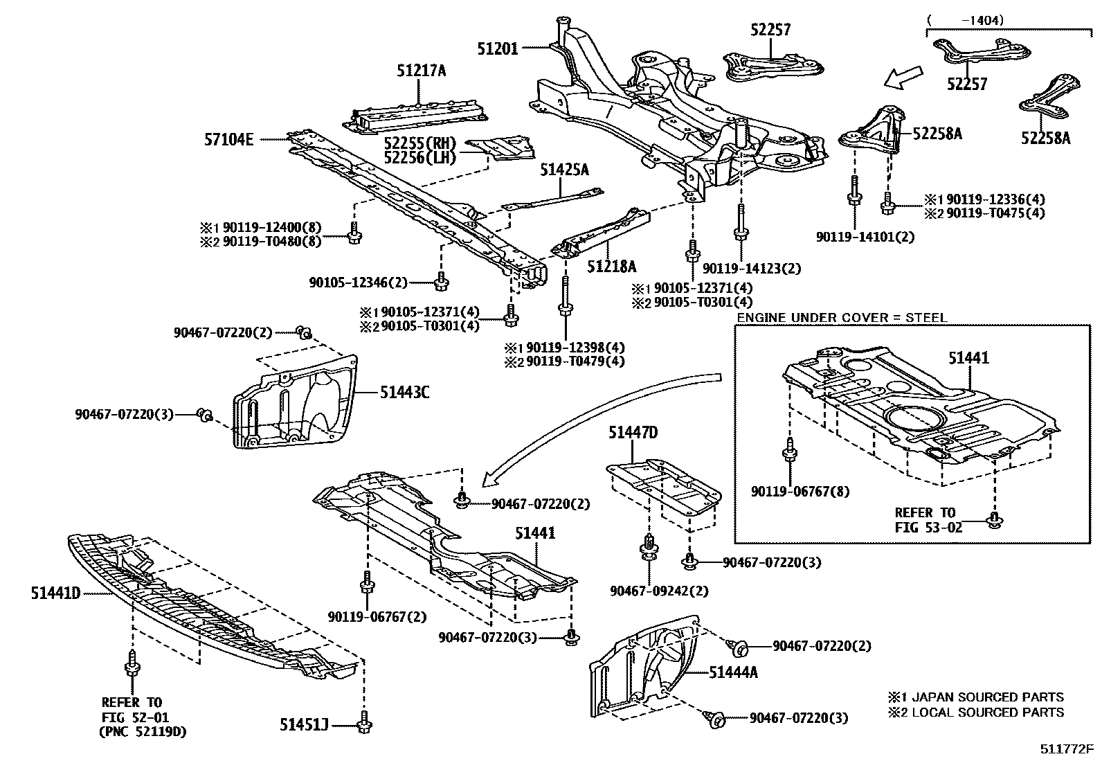 Toyota COROLLA 悬架横梁和发动机底罩 EPC diagram — 511772F