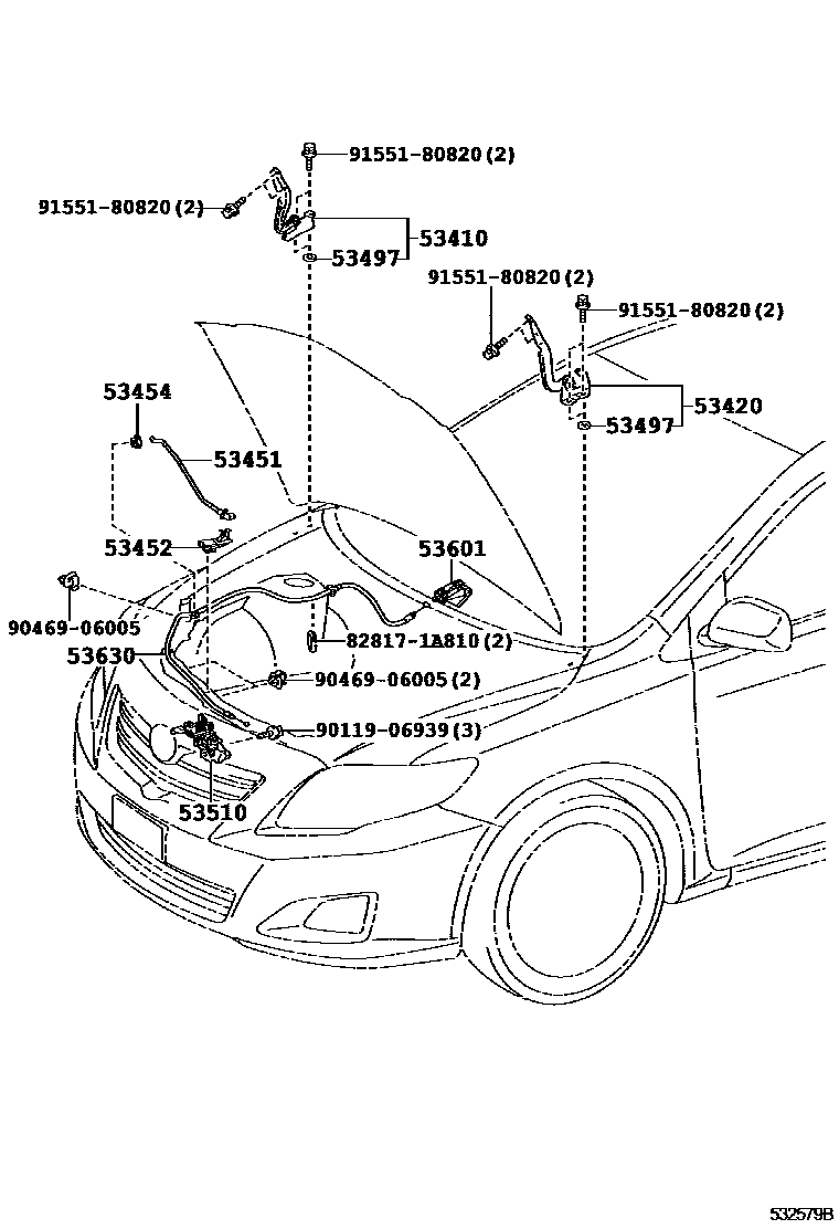 Toyota COROLLA 发动机盖锁和铰链 EPC diagram — 532579B