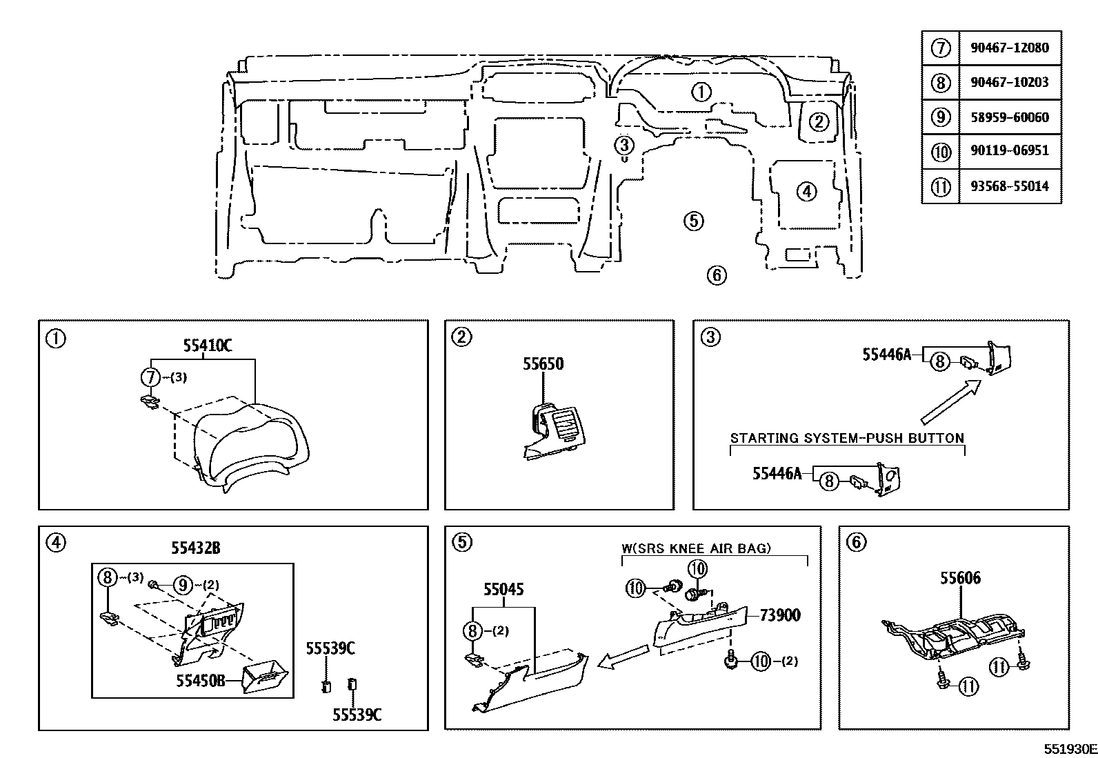 Toyota COROLLA 仪表板和手套箱 EPC diagram — 551930E