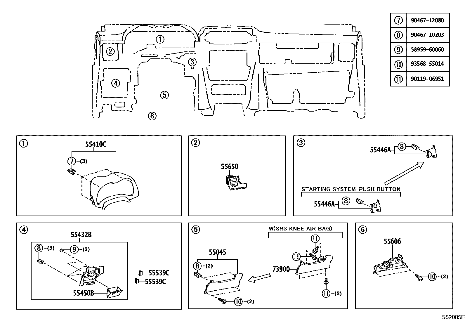 Toyota COROLLA 仪表板和手套箱 EPC diagram — 552005E