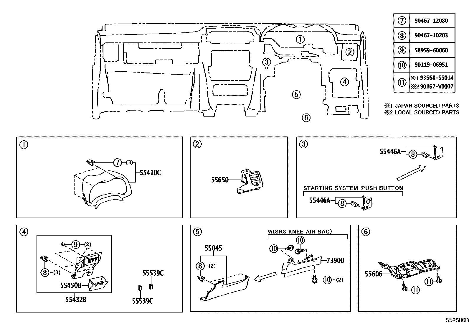 Toyota COROLLA 仪表板和手套箱 EPC diagram — 552506B