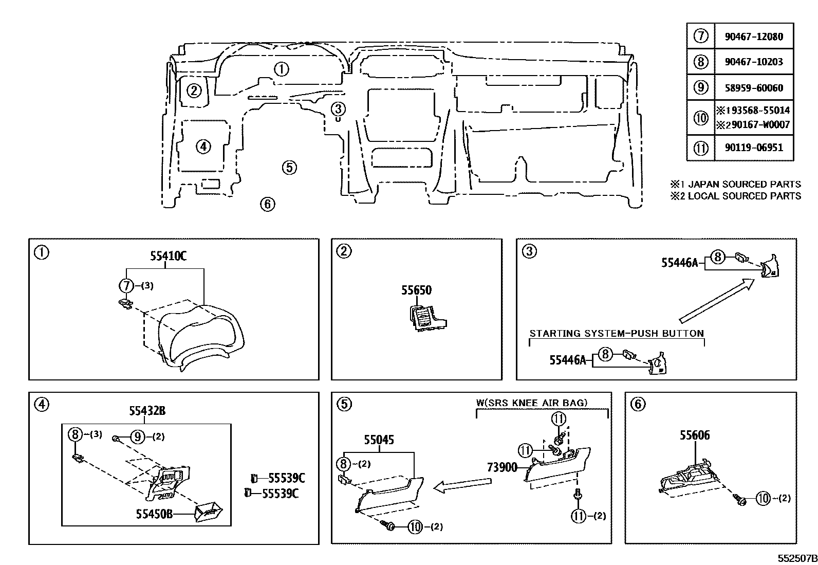 Toyota COROLLA 仪表板和手套箱 EPC diagram — 552507B