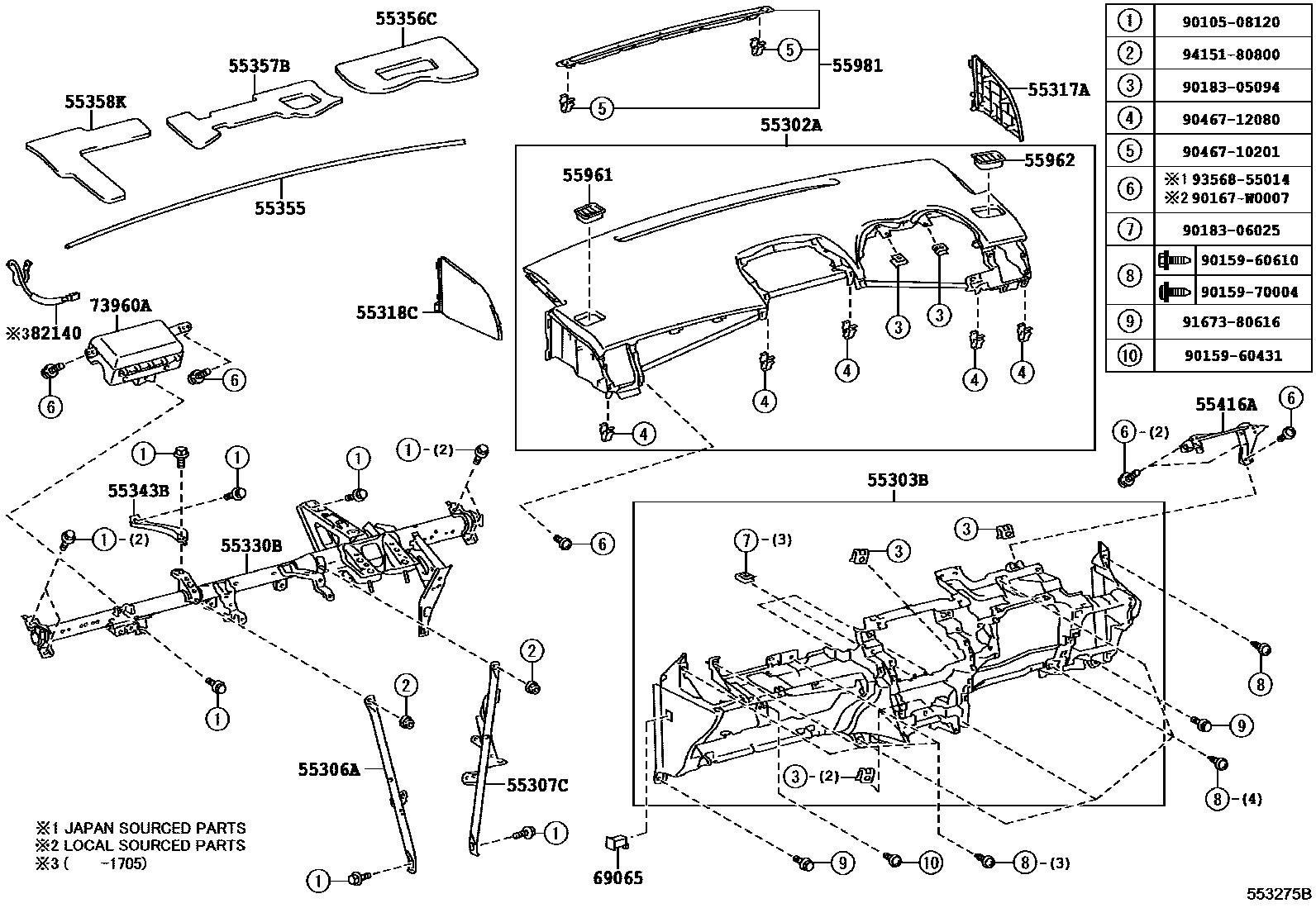 Toyota COROLLA 仪表板和手套箱 EPC diagram — 553275B