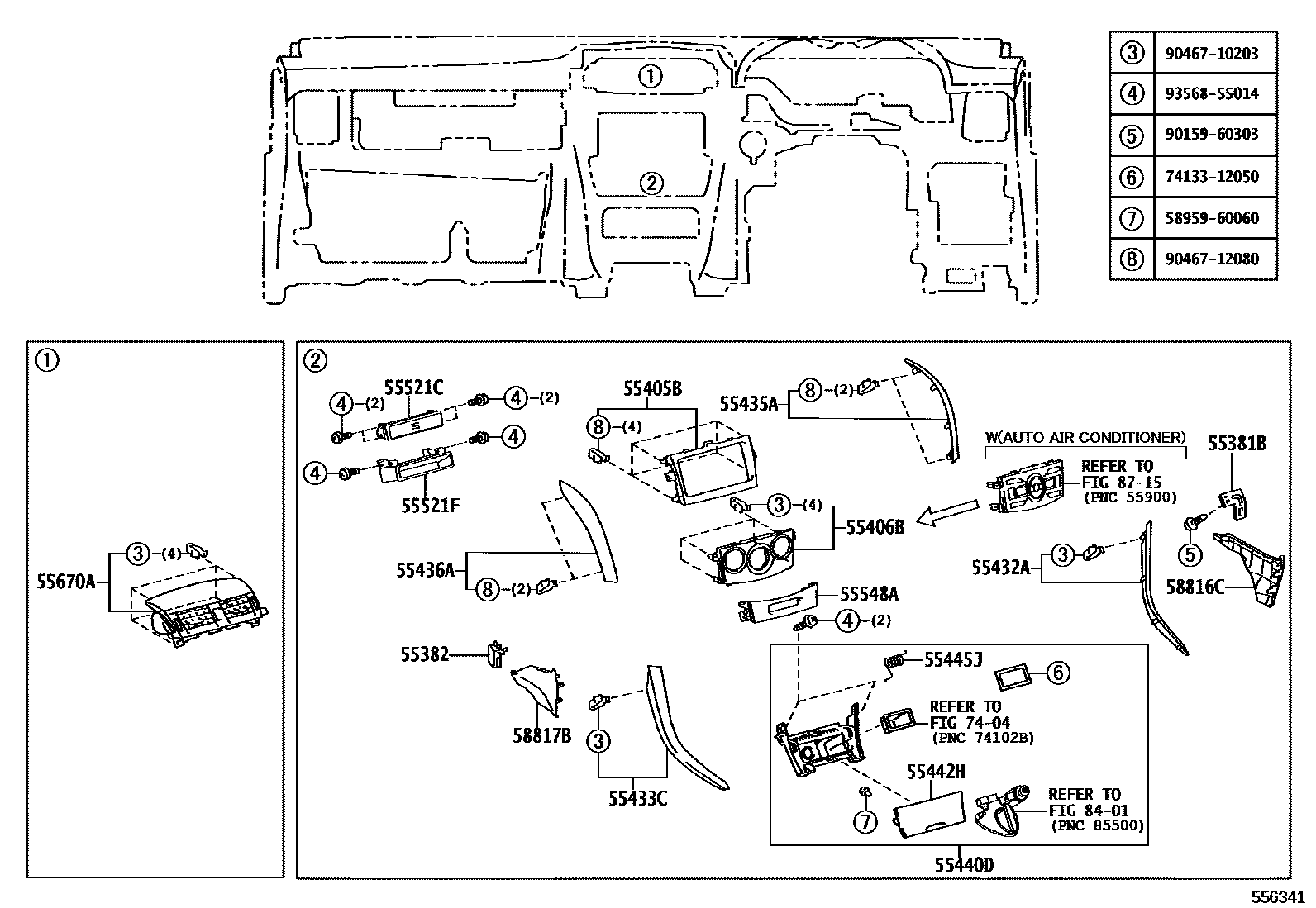 Toyota COROLLA 仪表板和手套箱 EPC diagram — 556341