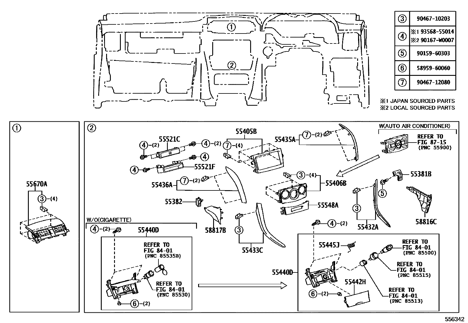 Toyota COROLLA 仪表板和手套箱 EPC diagram — 556342