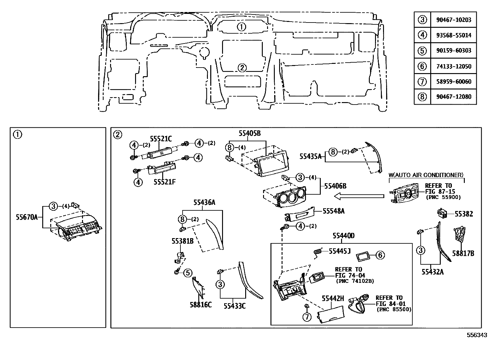 Toyota COROLLA 仪表板和手套箱 EPC diagram — 556343
