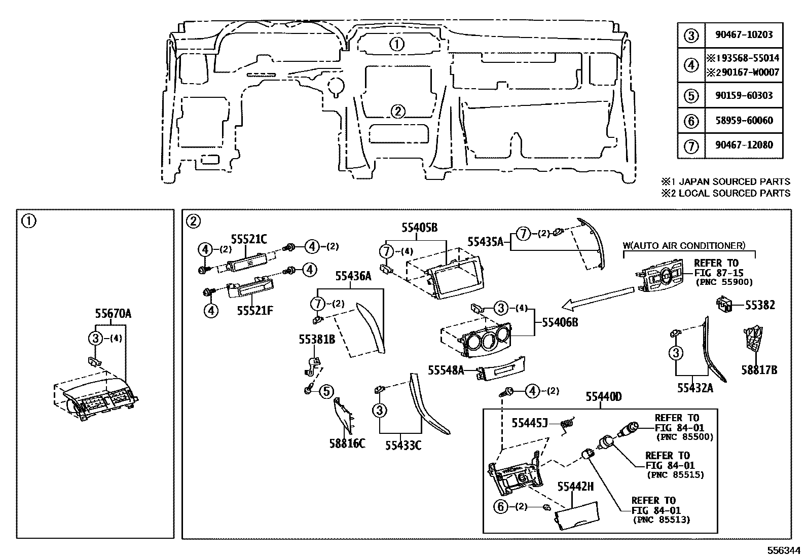 Toyota COROLLA 仪表板和手套箱 EPC diagram — 556344