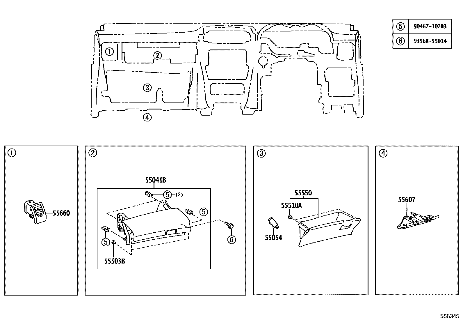 Toyota COROLLA 仪表板和手套箱 EPC diagram — 556345