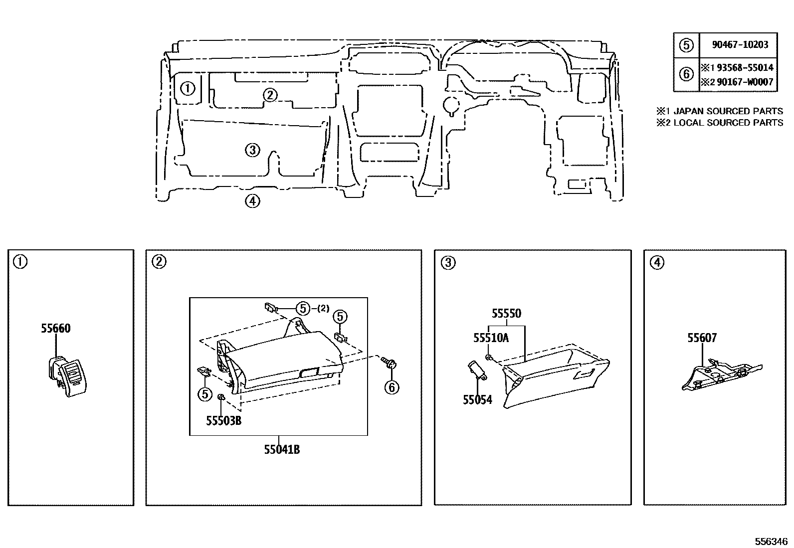 Toyota COROLLA 仪表板和手套箱 EPC diagram — 556346