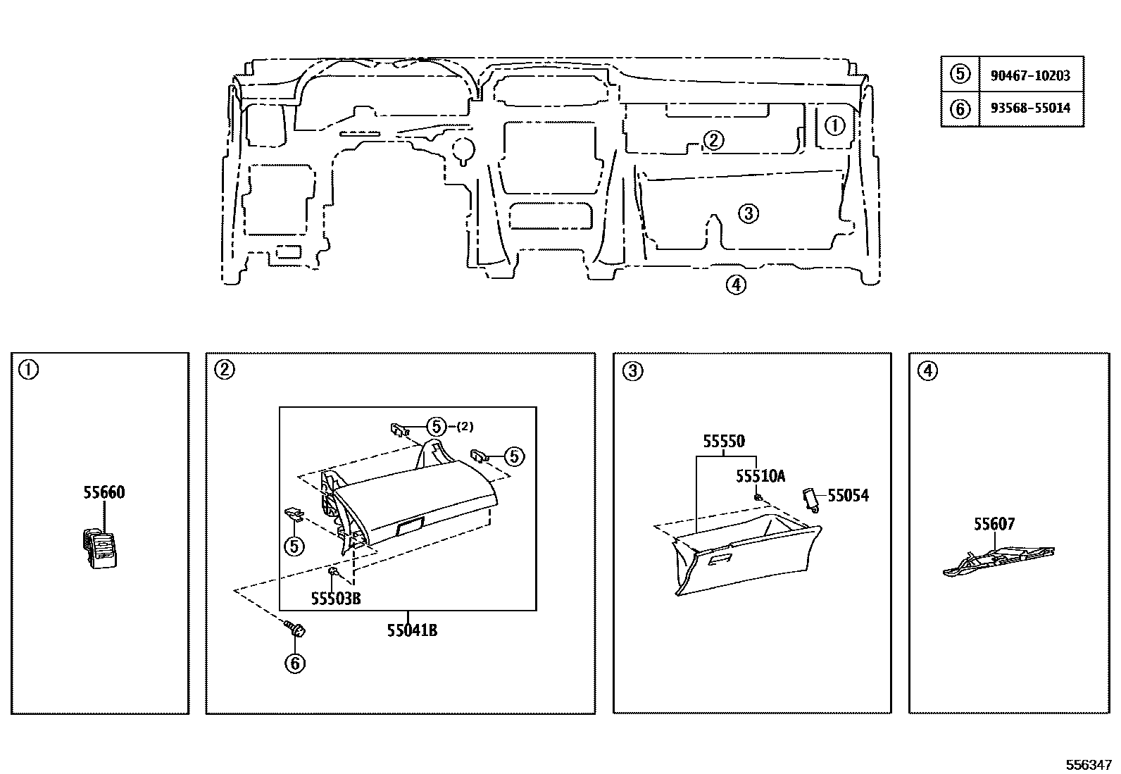 Toyota COROLLA 仪表板和手套箱 EPC diagram — 556347