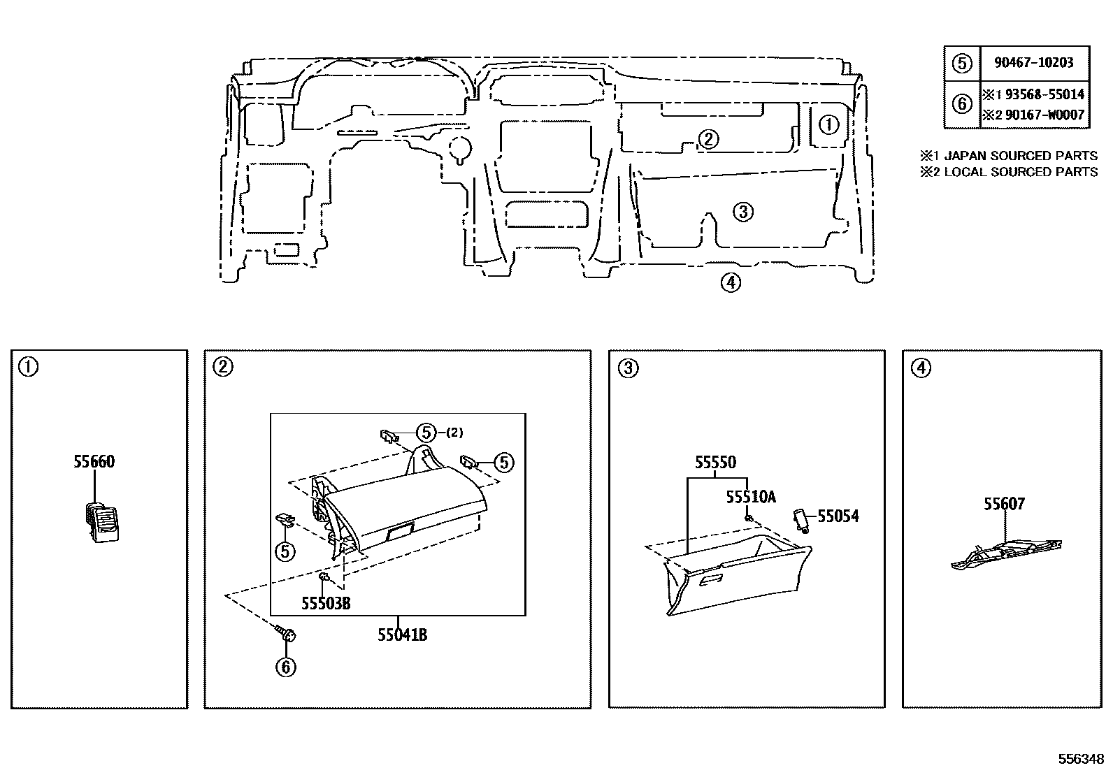 Toyota COROLLA 仪表板和手套箱 EPC diagram — 556348