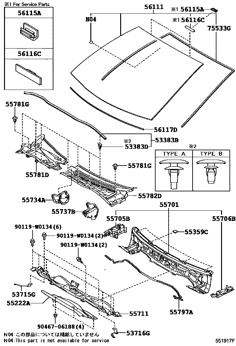 Toyota COROLLA 前围板和挡风玻璃 EPC diagram — 551917F