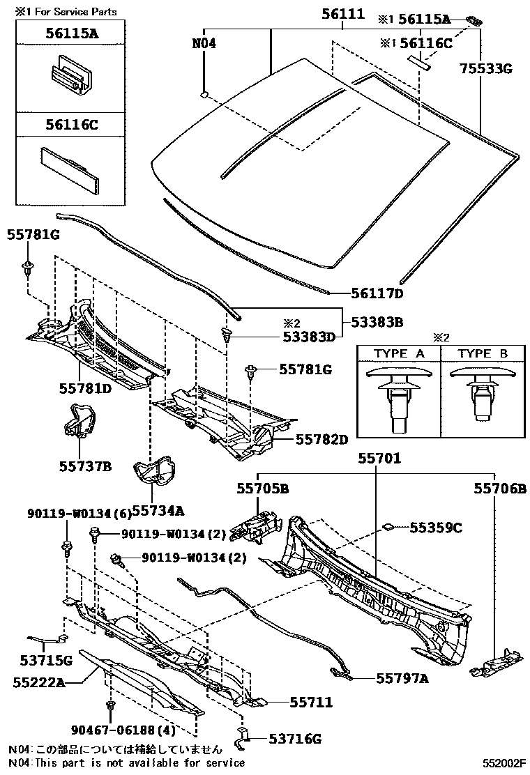 Toyota COROLLA 前围板和挡风玻璃 EPC diagram — 552002F