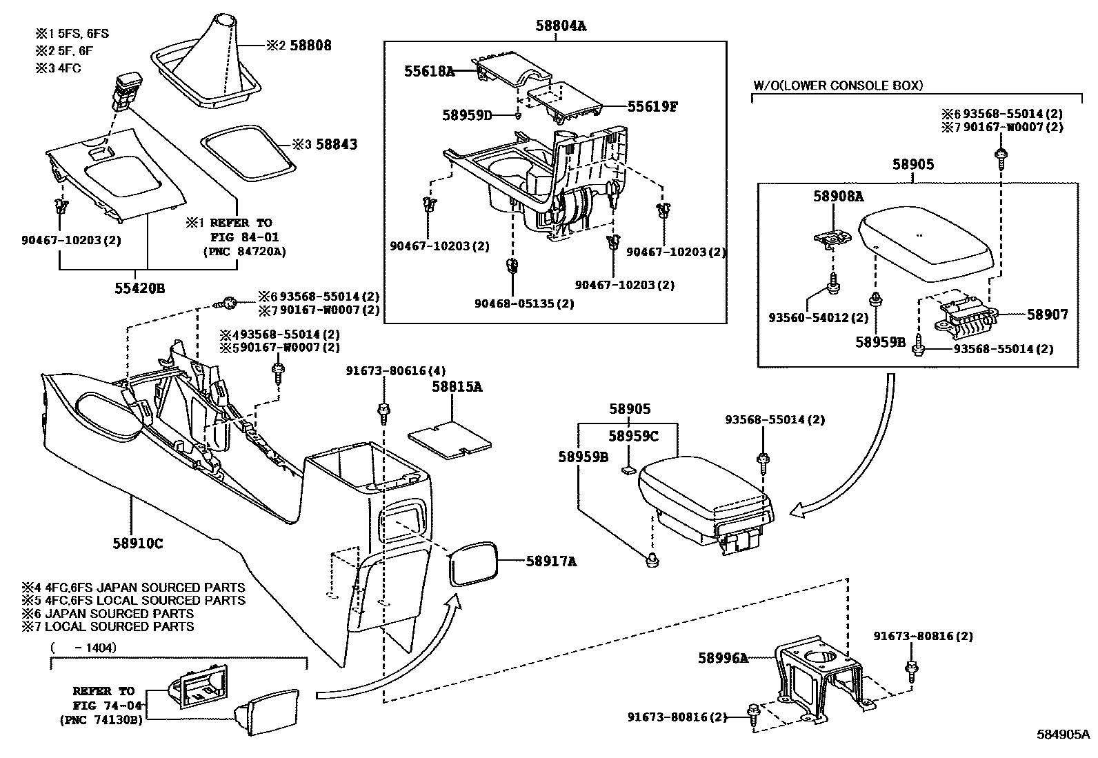 Toyota COROLLA 中央扶手箱和支架 EPC diagram — 584905A