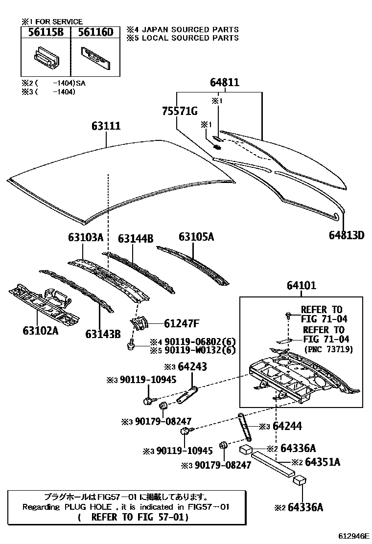 Toyota COROLLA 天窗板和背窗玻璃 EPC diagram — 612946E