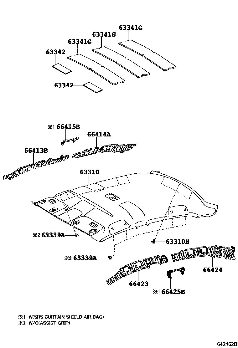 Toyota COROLLA 车顶内衬和消声垫 EPC diagram — 642162B