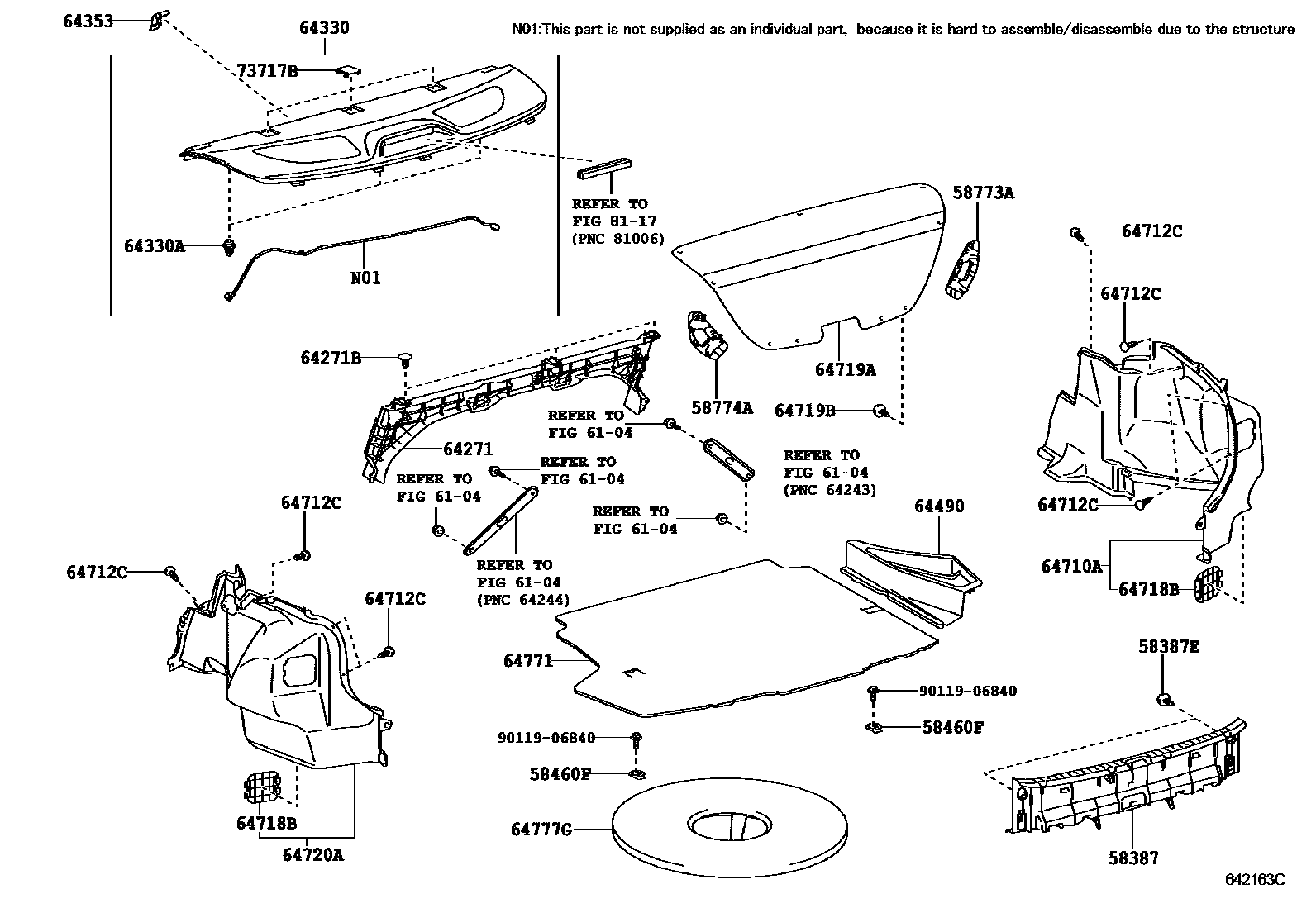 Toyota COROLLA 杂物箱板和行李箱垫 EPC diagram — 642163C