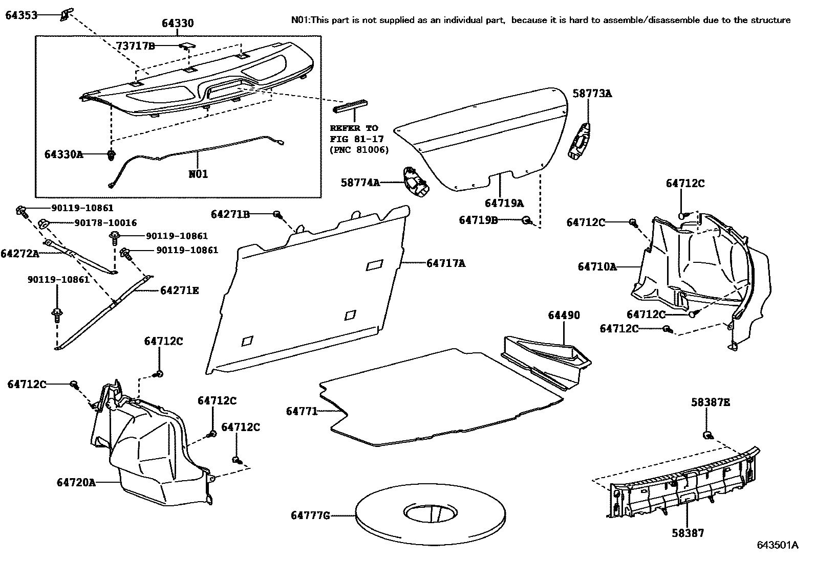 Toyota COROLLA 杂物箱板和行李箱垫 EPC diagram — 643501A