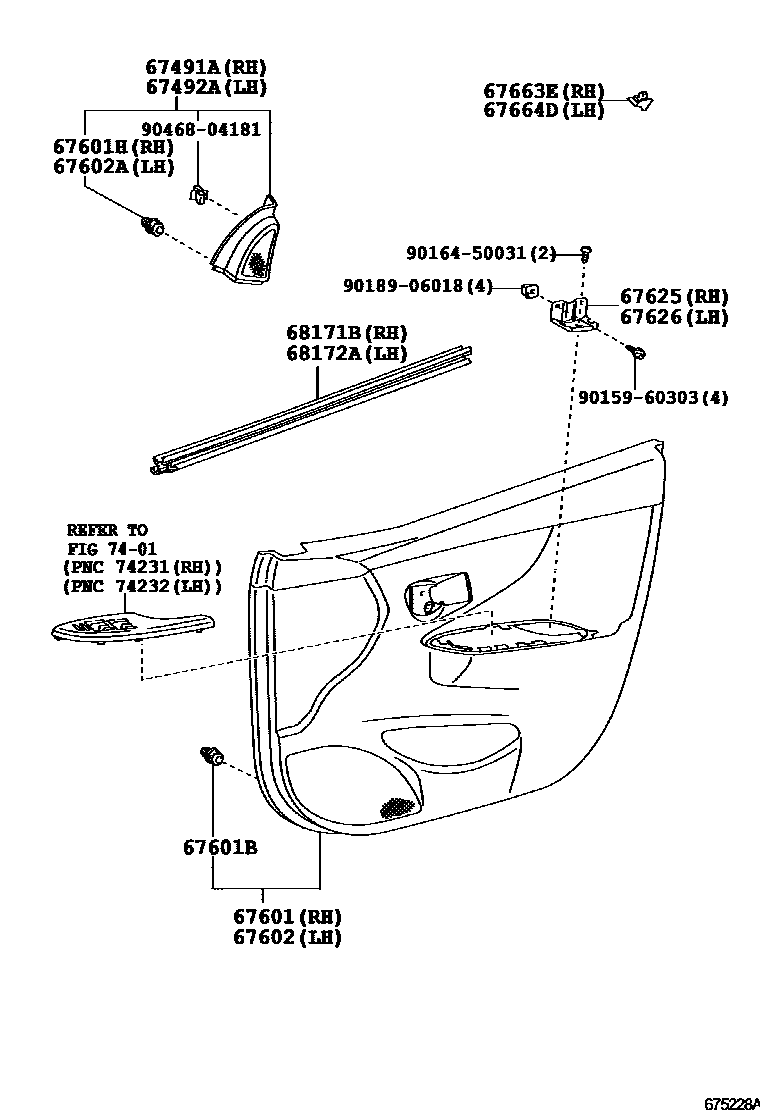 Toyota COROLLA 前门板和前门玻璃 EPC diagram — 675228A