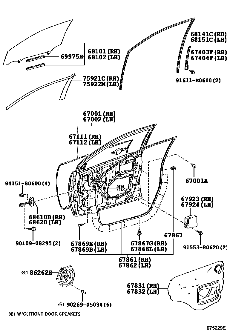 Toyota COROLLA 前门板和前门玻璃 EPC diagram — 675229F