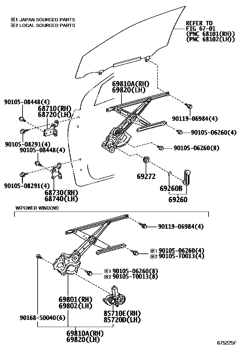 Toyota COROLLA 前门车窗升降器和合页 EPC diagram — 675225F