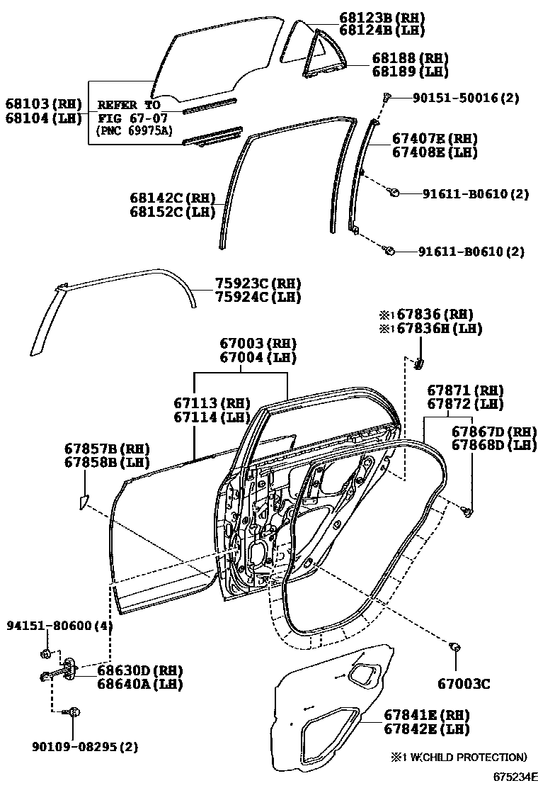 Toyota COROLLA 后门板和后门玻璃 EPC diagram — 675234E
