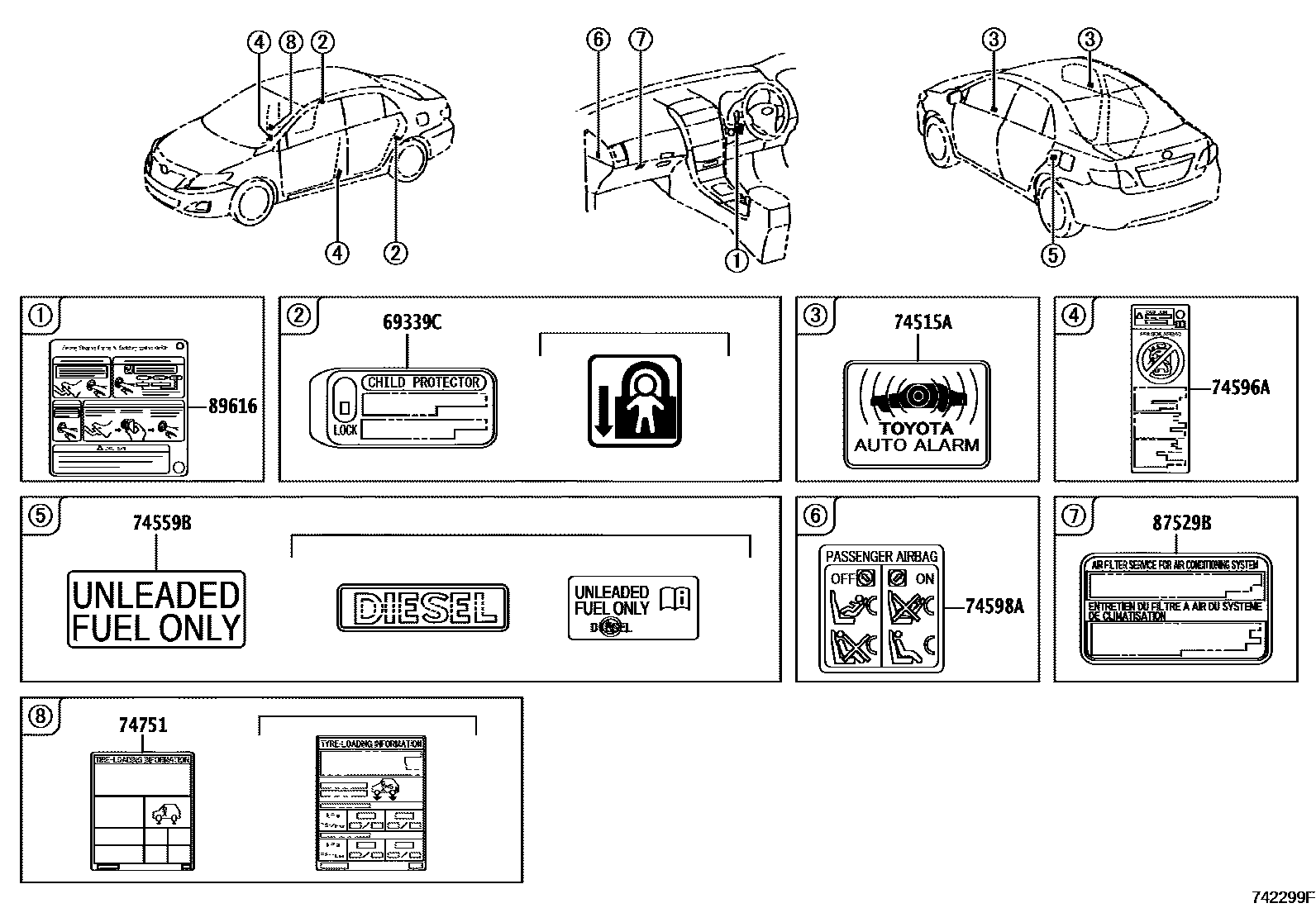 Toyota COROLLA 警示铭牌(车外和车内) EPC diagram — 742299F