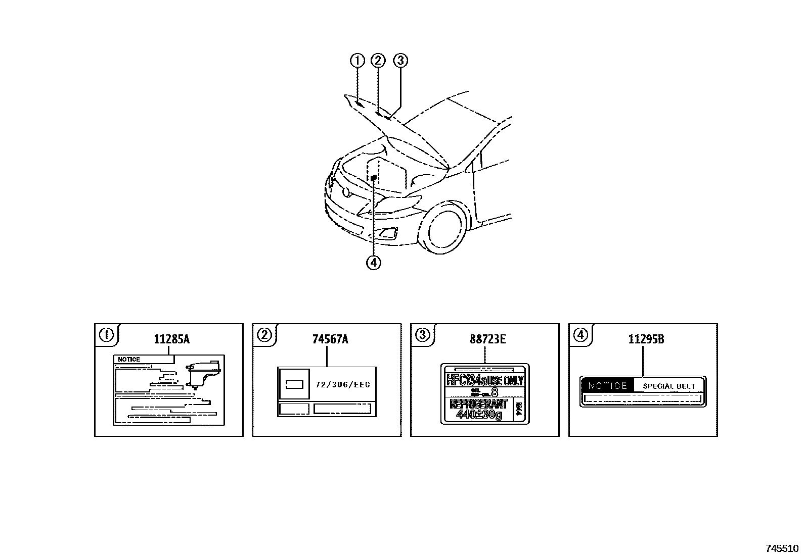 Toyota COROLLA 警示铭牌(车外和车内) EPC diagram — 745510