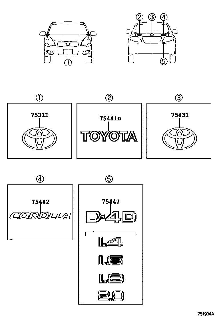Toyota COROLLA 丰田徽标和铭牌(车外和车内) EPC diagram — 751934A