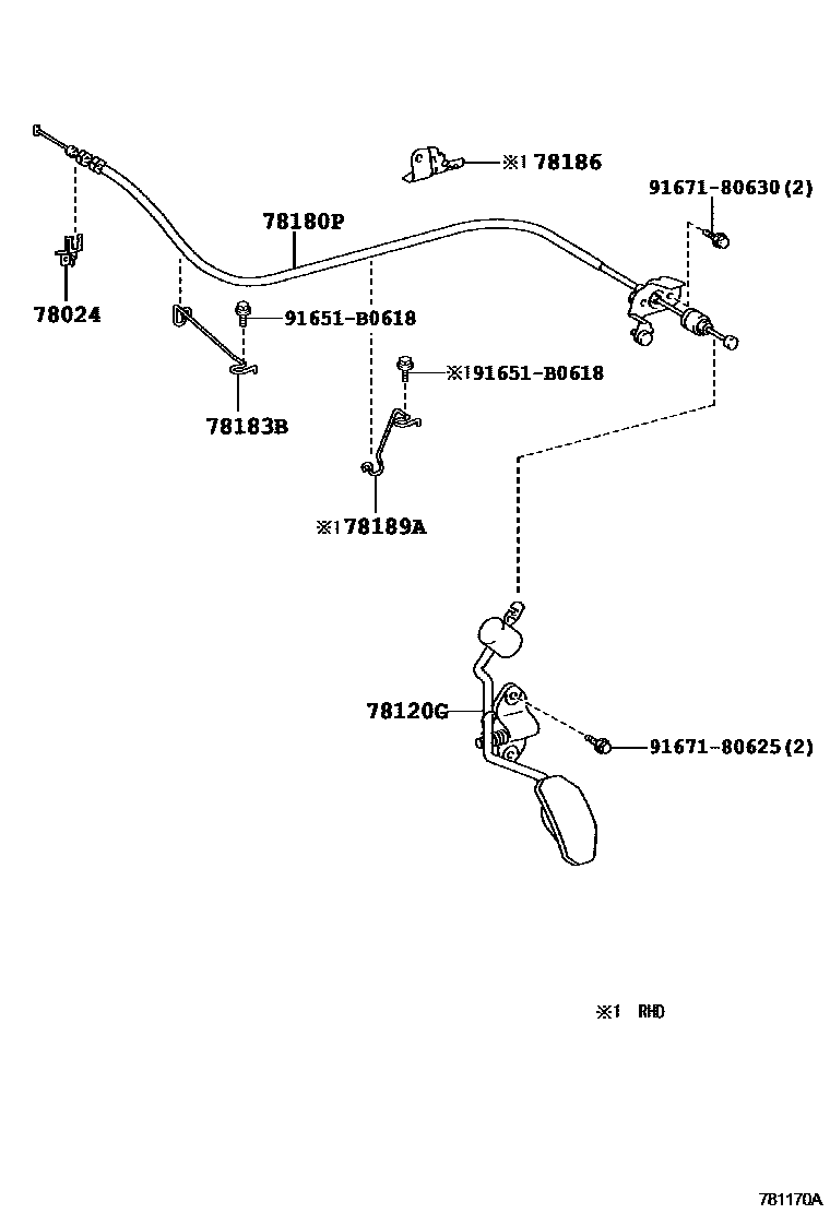 Toyota COROLLA accelerator pedal connecting rod EPC diagram — 781170A