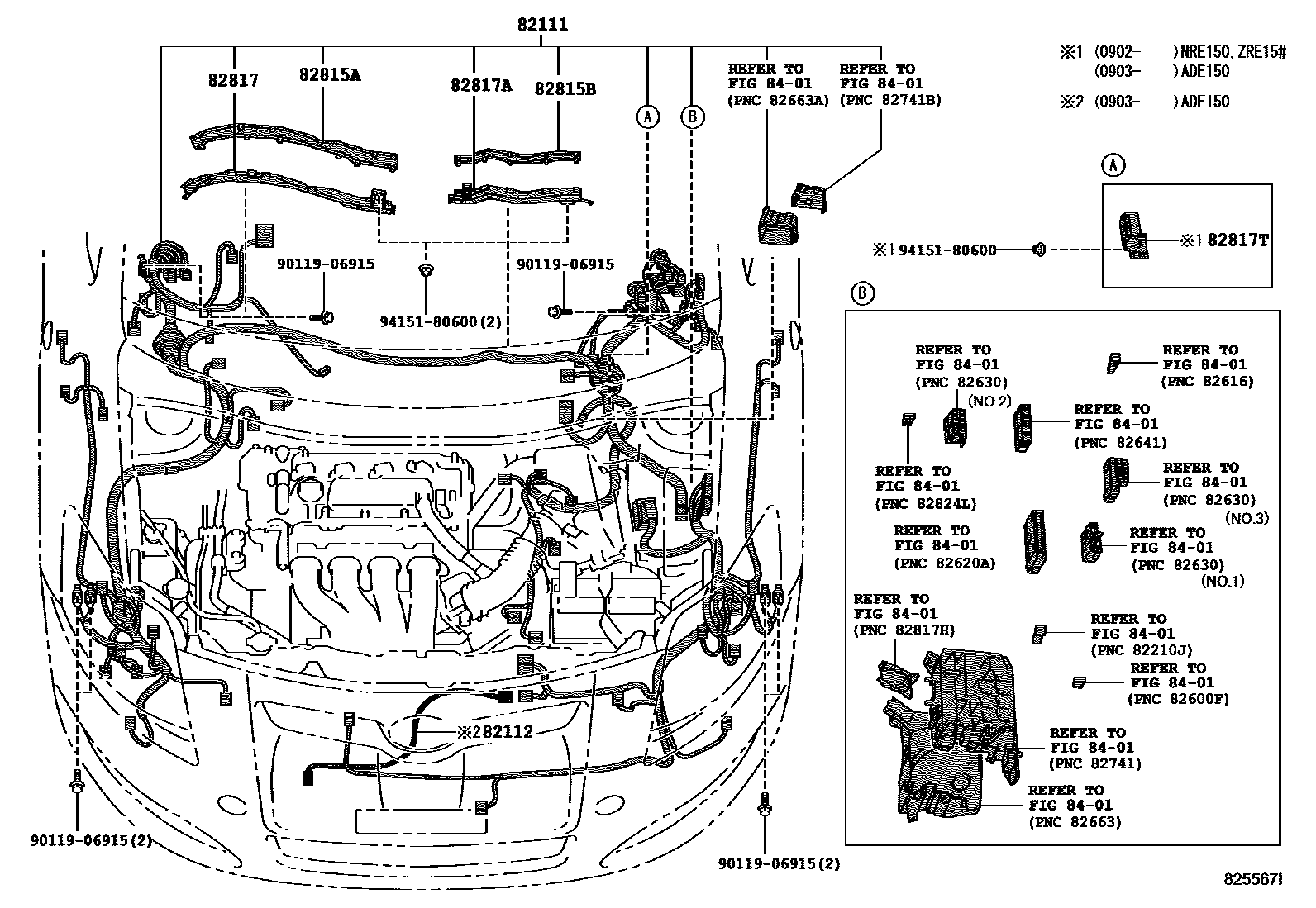 Toyota COROLLA 线束和卡夹 EPC diagram — 825567I