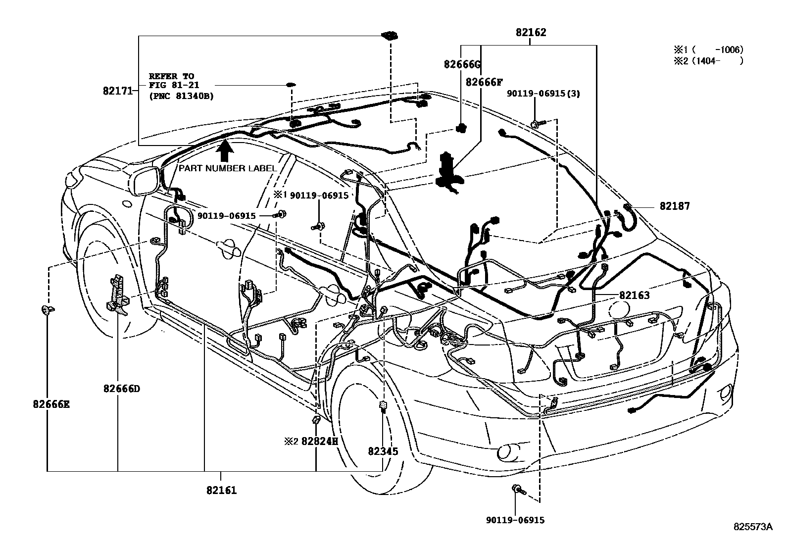 Toyota COROLLA 线束和卡夹 EPC diagram — 825573A