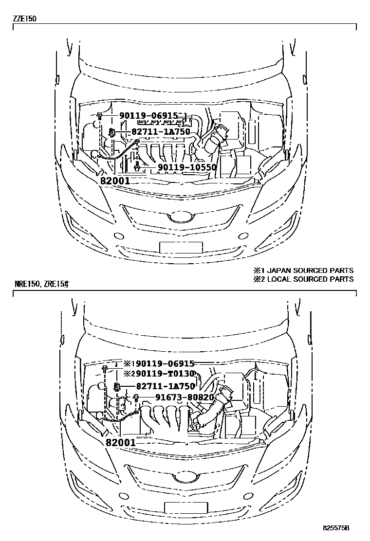 Toyota COROLLA 线束和卡夹 EPC diagram — 825575B
