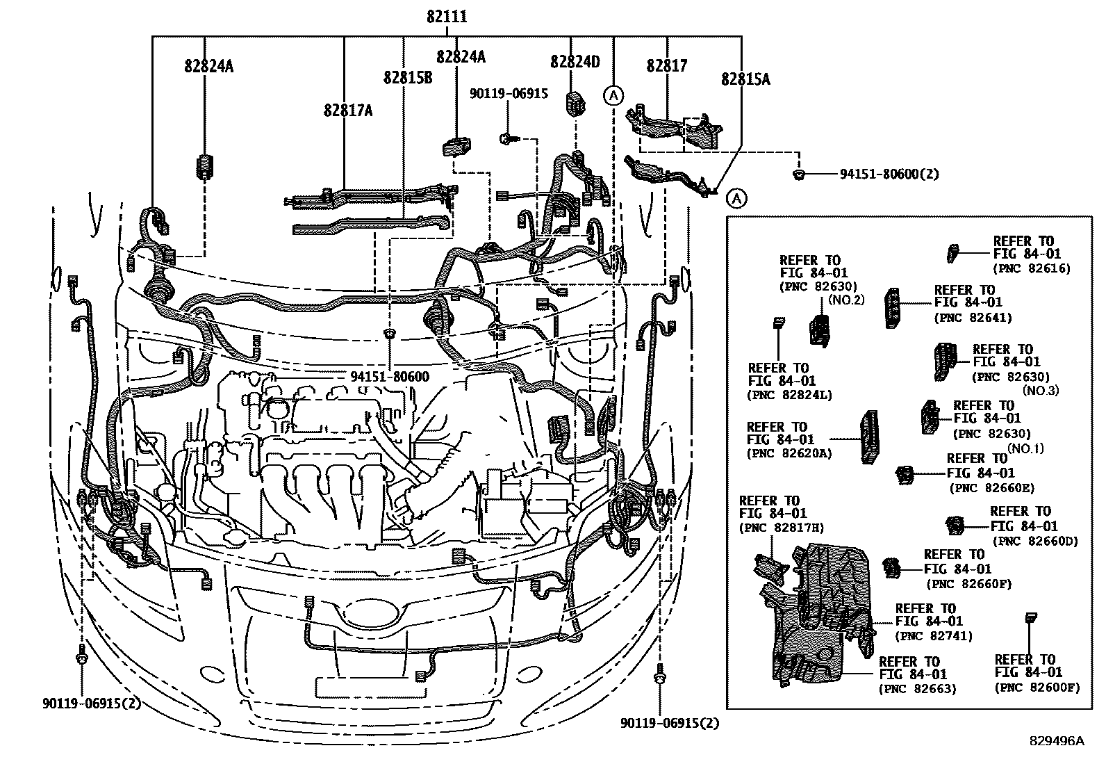 Toyota COROLLA 线束和卡夹 EPC diagram — 829496A