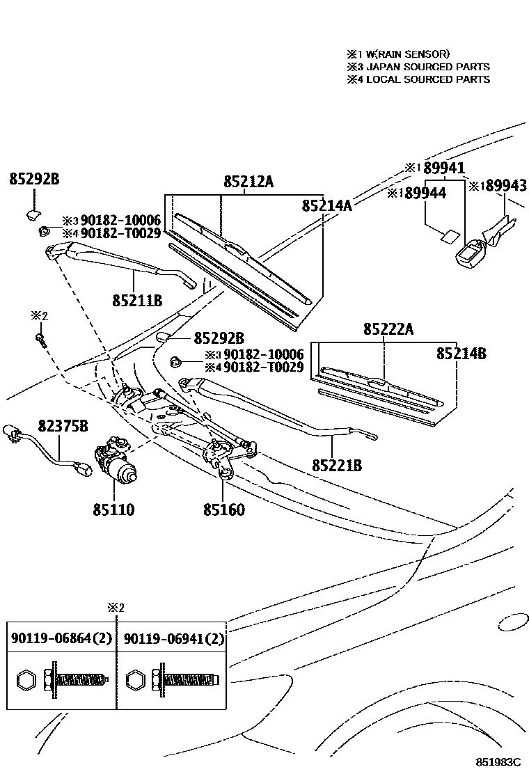 Toyota COROLLA 挡风玻璃刮水器 EPC diagram — 851983C