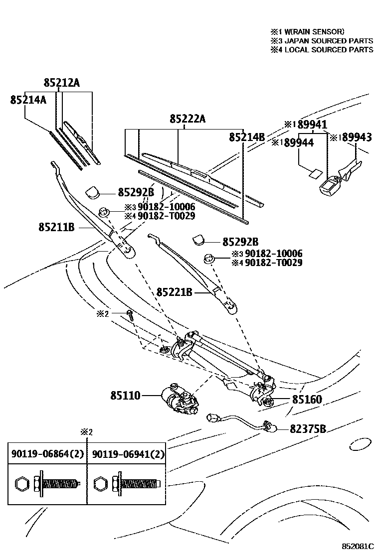 Toyota COROLLA 挡风玻璃刮水器 EPC diagram — 852081C