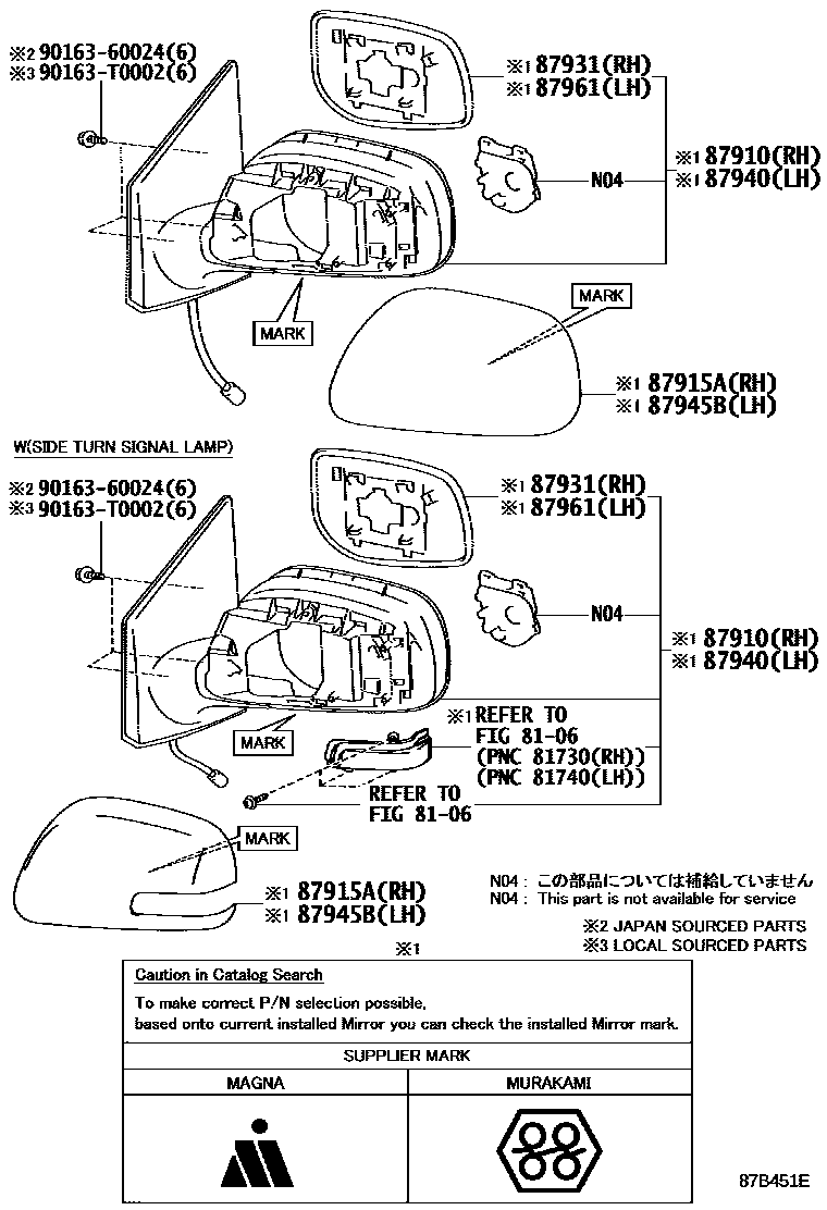 Toyota COROLLA 后视镜 EPC diagram — 87B451E