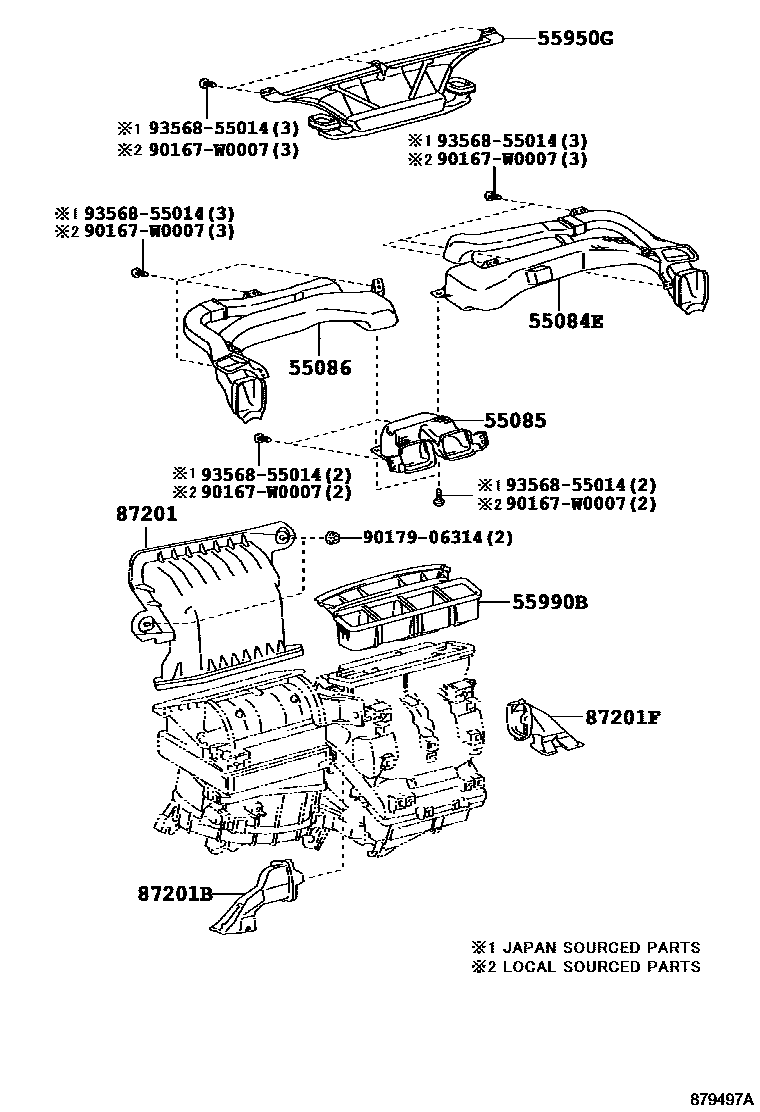 Toyota COROLLA 暖风和空调系统 - 控制器和风管 EPC diagram — 879497A