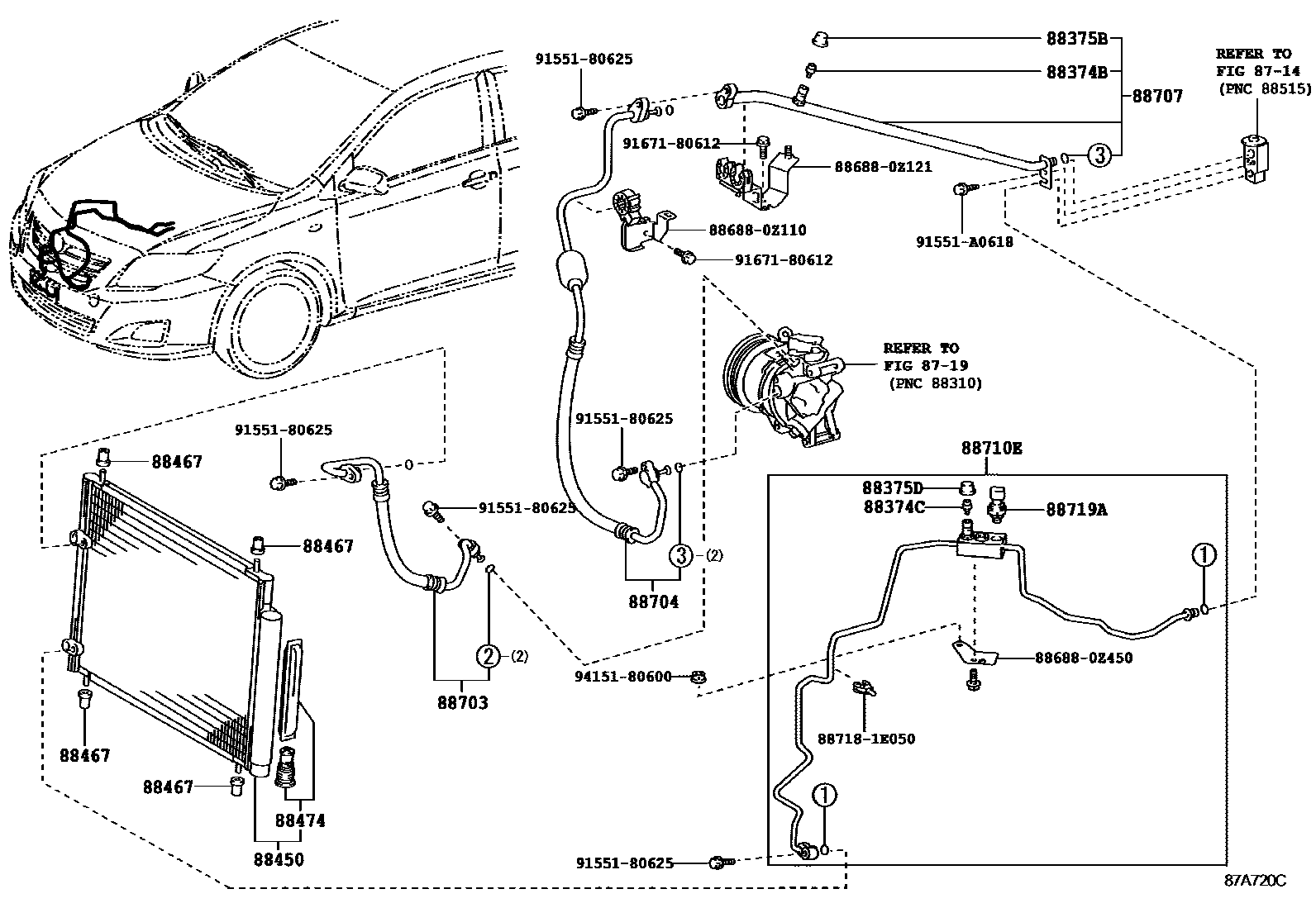Toyota COROLLA Heating & Air Conditioning - Cooler Piping EPC diagram — 87A720C