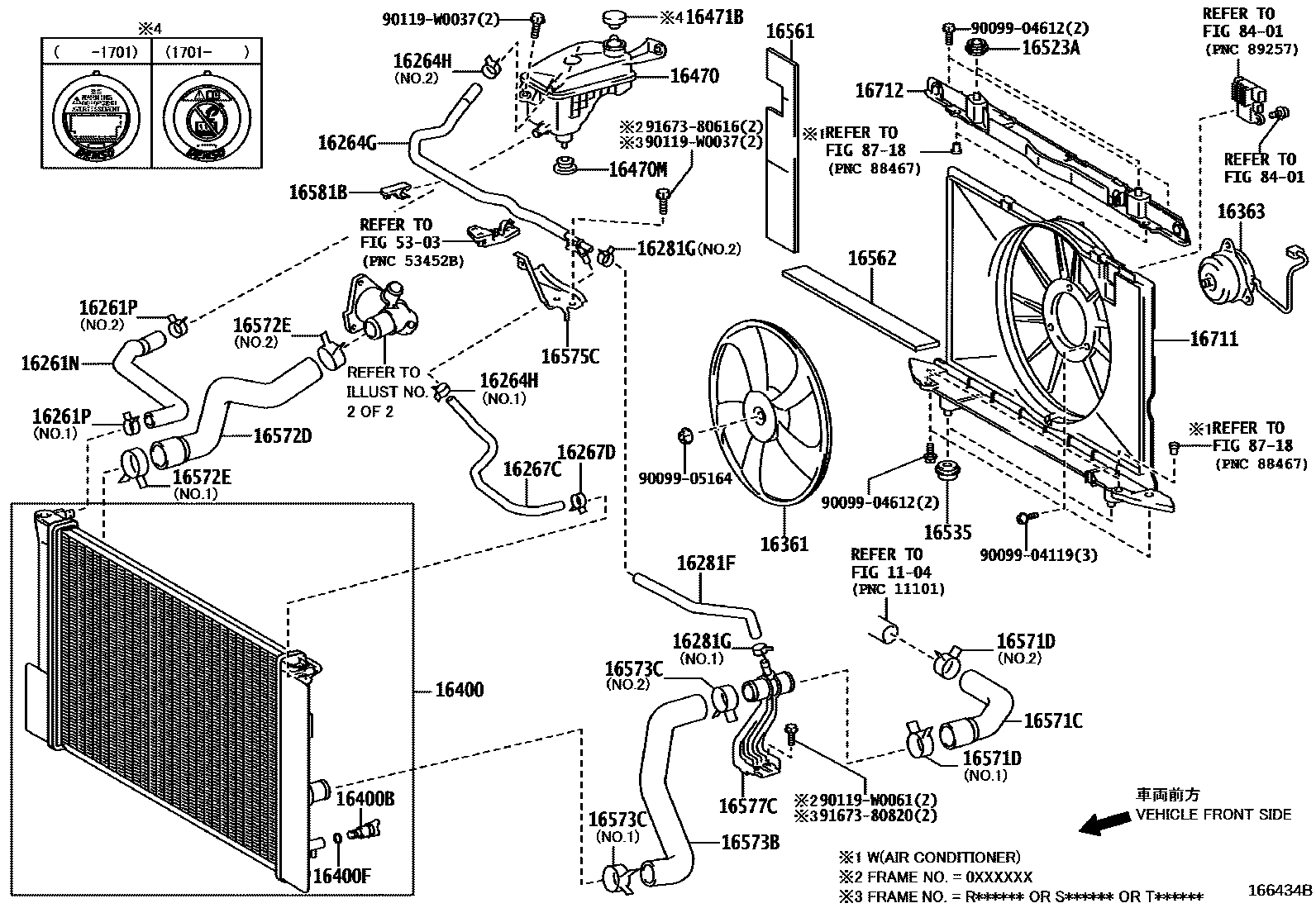 Toyota COROLLA RADIATOR & WATER OUTLET EPC diagram — 166434B