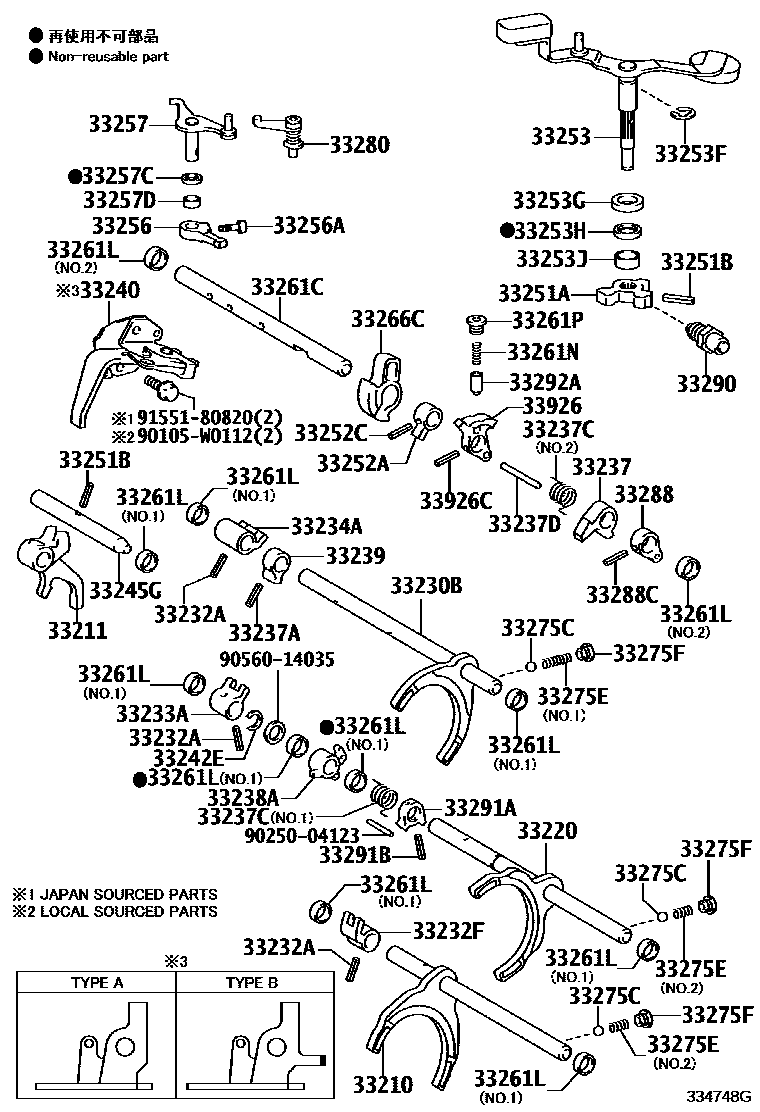 Toyota COROLLA 换档拨叉和换档杆轴(MTM) EPC diagram — 334748G