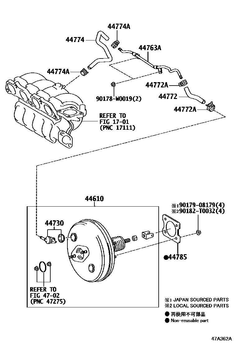 Toyota COROLLA 制动助力器和真空管 EPC diagram — 47A362B