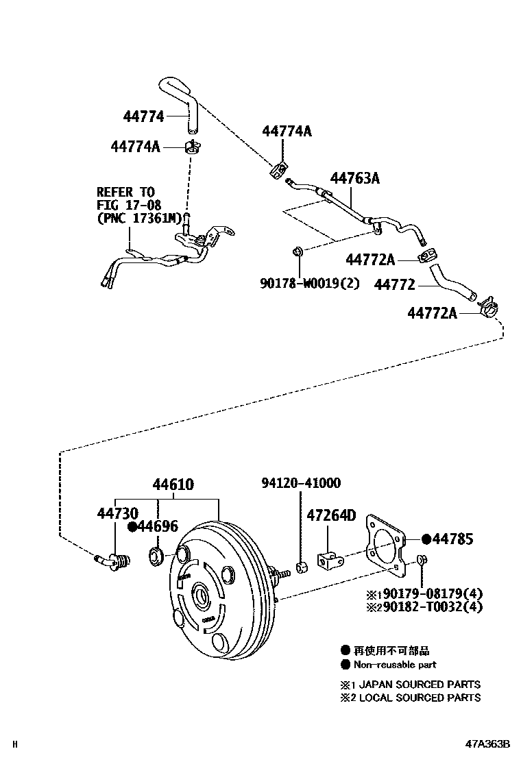 Toyota COROLLA 制动助力器和真空管 EPC diagram — 47A363B