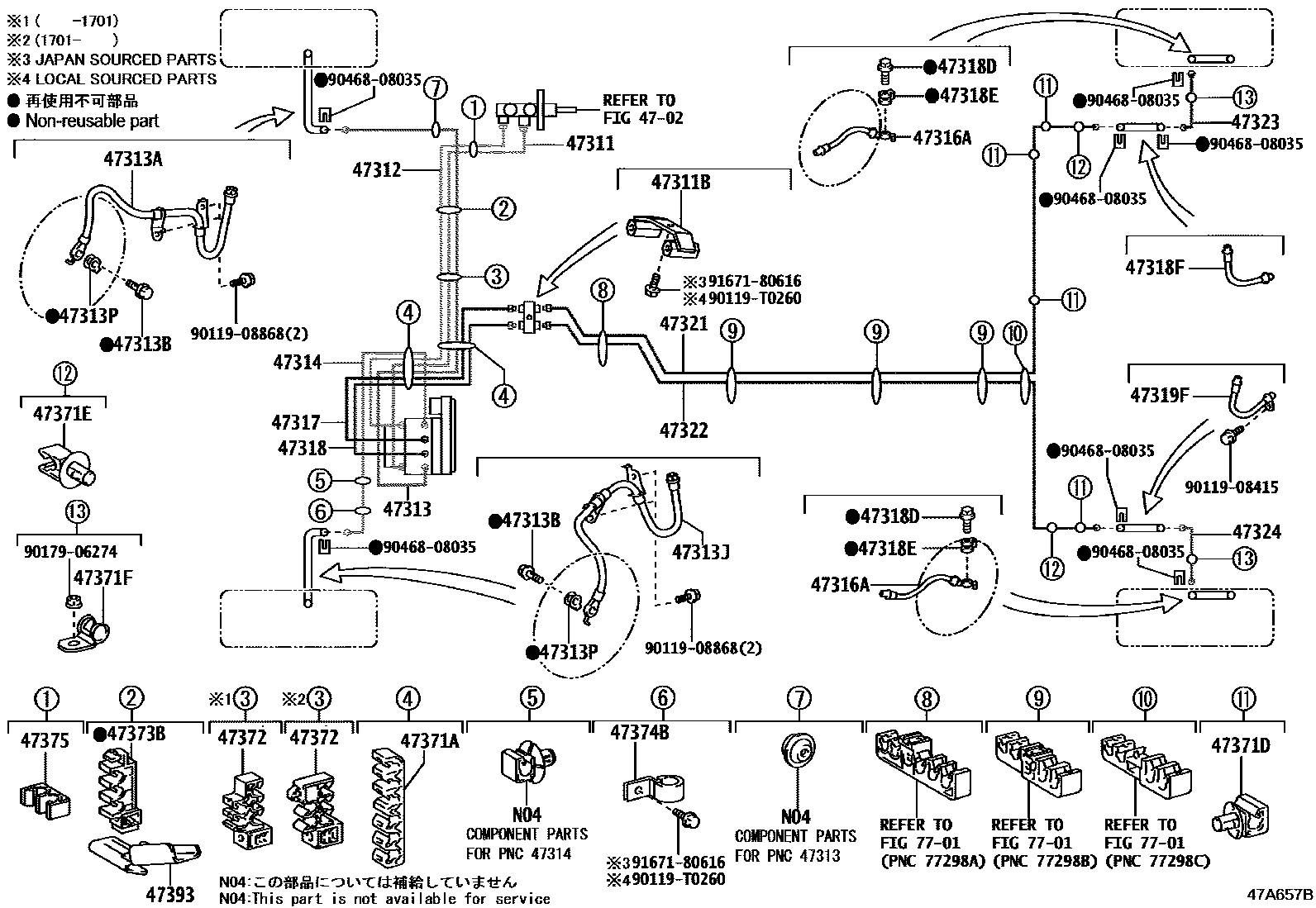 Toyota COROLLA 制动配管和卡箍 EPC diagram — 47A657B