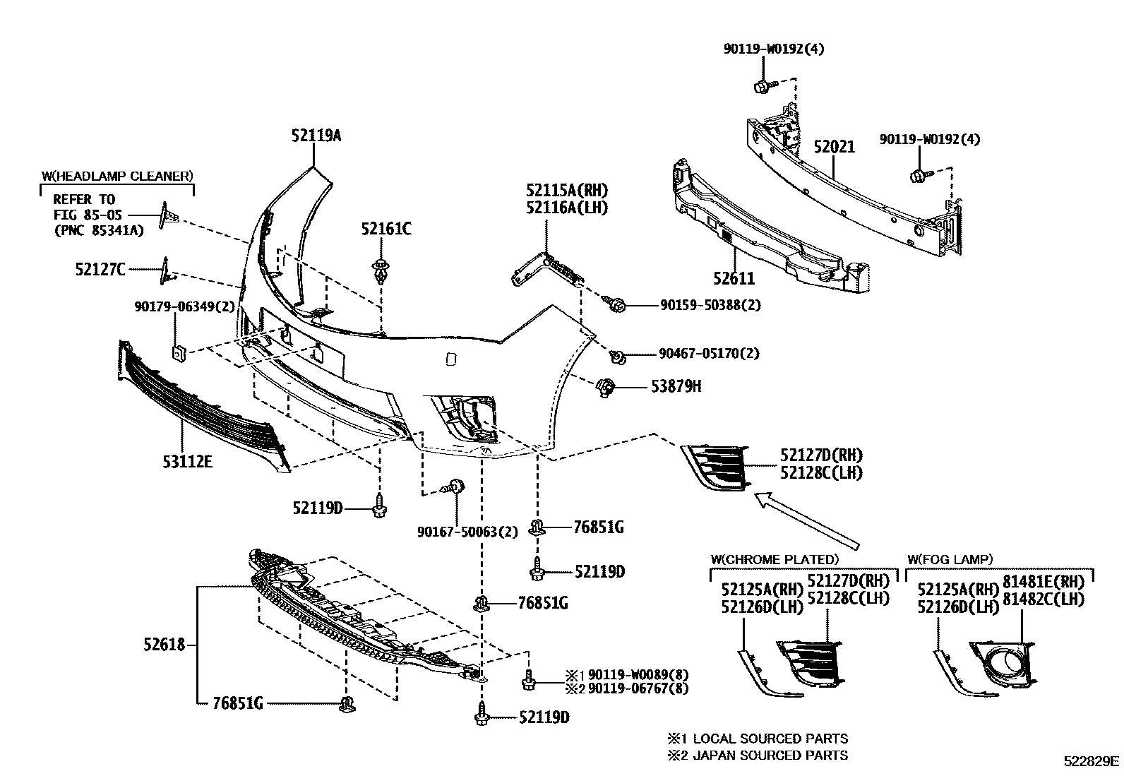 Toyota COROLLA 前保险杠及附件 EPC diagram — 522829E