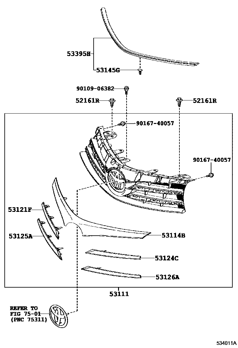 Toyota COROLLA radiator grille EPC diagram — 534011A