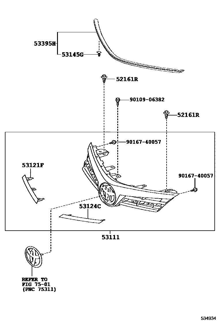 Toyota COROLLA radiator grille EPC diagram — 534934