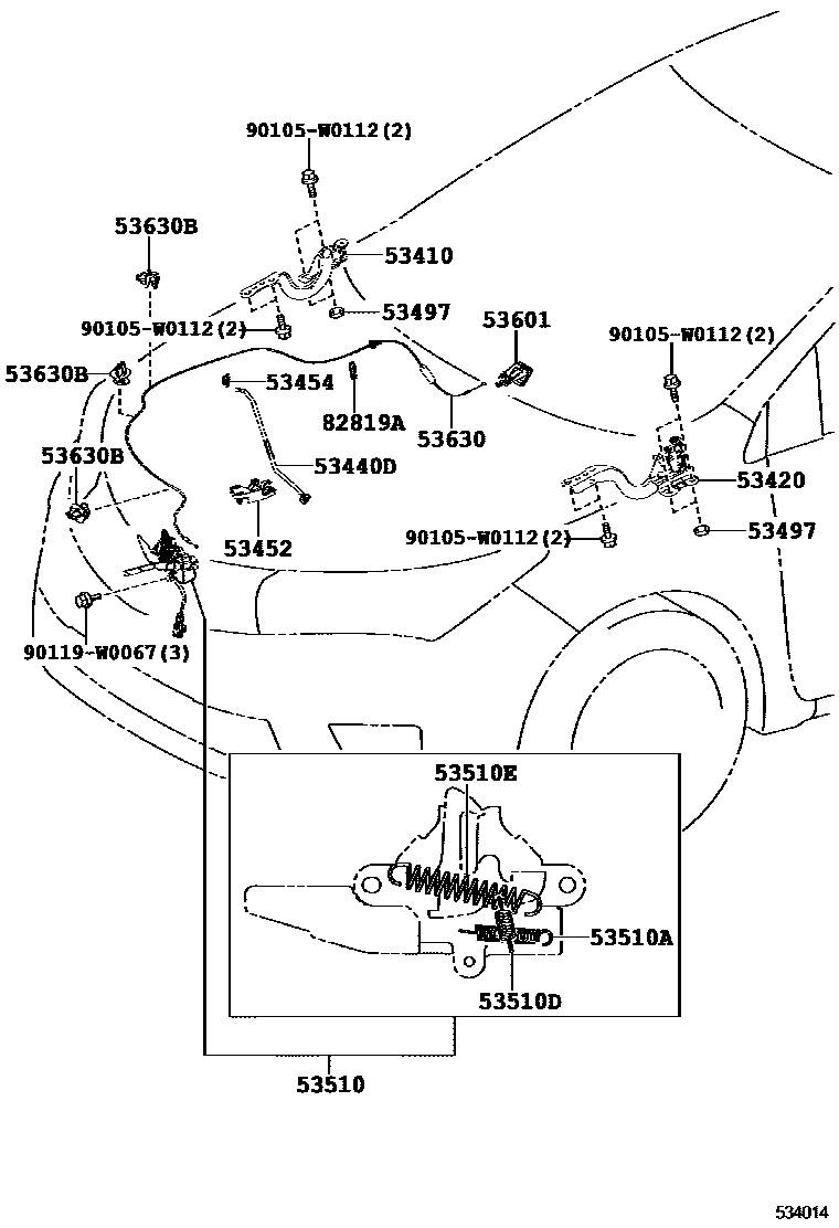 Toyota COROLLA 发动机盖锁和铰链 EPC diagram — 534014