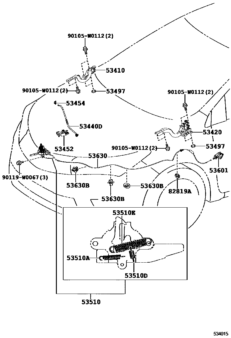 Toyota COROLLA 发动机盖锁和铰链 EPC diagram — 534015
